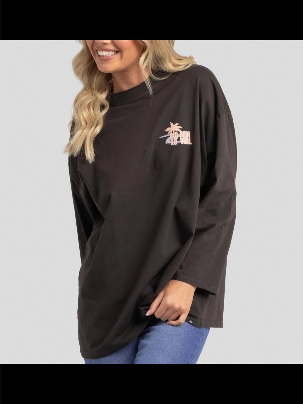 NWT Rip Curl Oversized Black Long Sleeve Cotton Tee Shirt Logo Surfer Beach XS